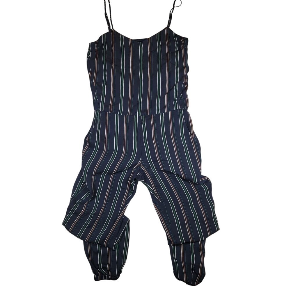 Theory Women's Silk Jumpsuit Sz 0 Striped Adjustable Spaghetti Straps Jogger Leg